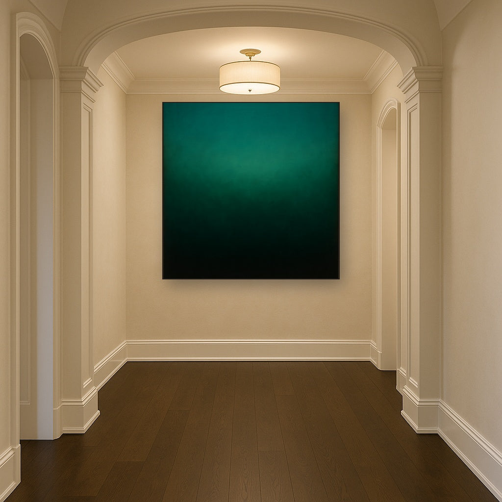 Midnight Teal & Deep Malachite Gradient No. 15 Oil Painting Staged in Bright Entryway and Hallway Gallery Wall, Hand Painted Fine Art on Linen