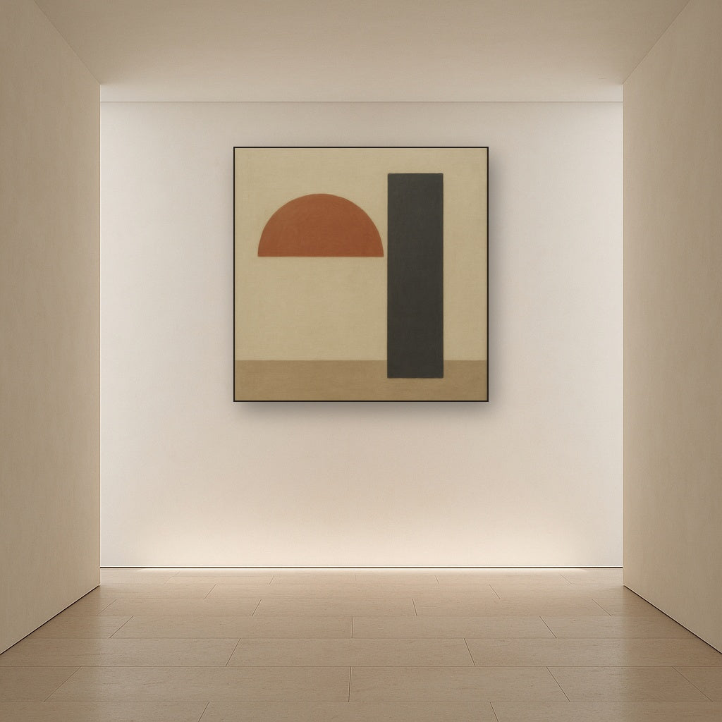 Semicircle Horizon & Minimalist Pillar No. 23 Oil Painting Staged in Bright Entryway and Hallway Gallery Wall, Hand Painted Fine Art on Linen