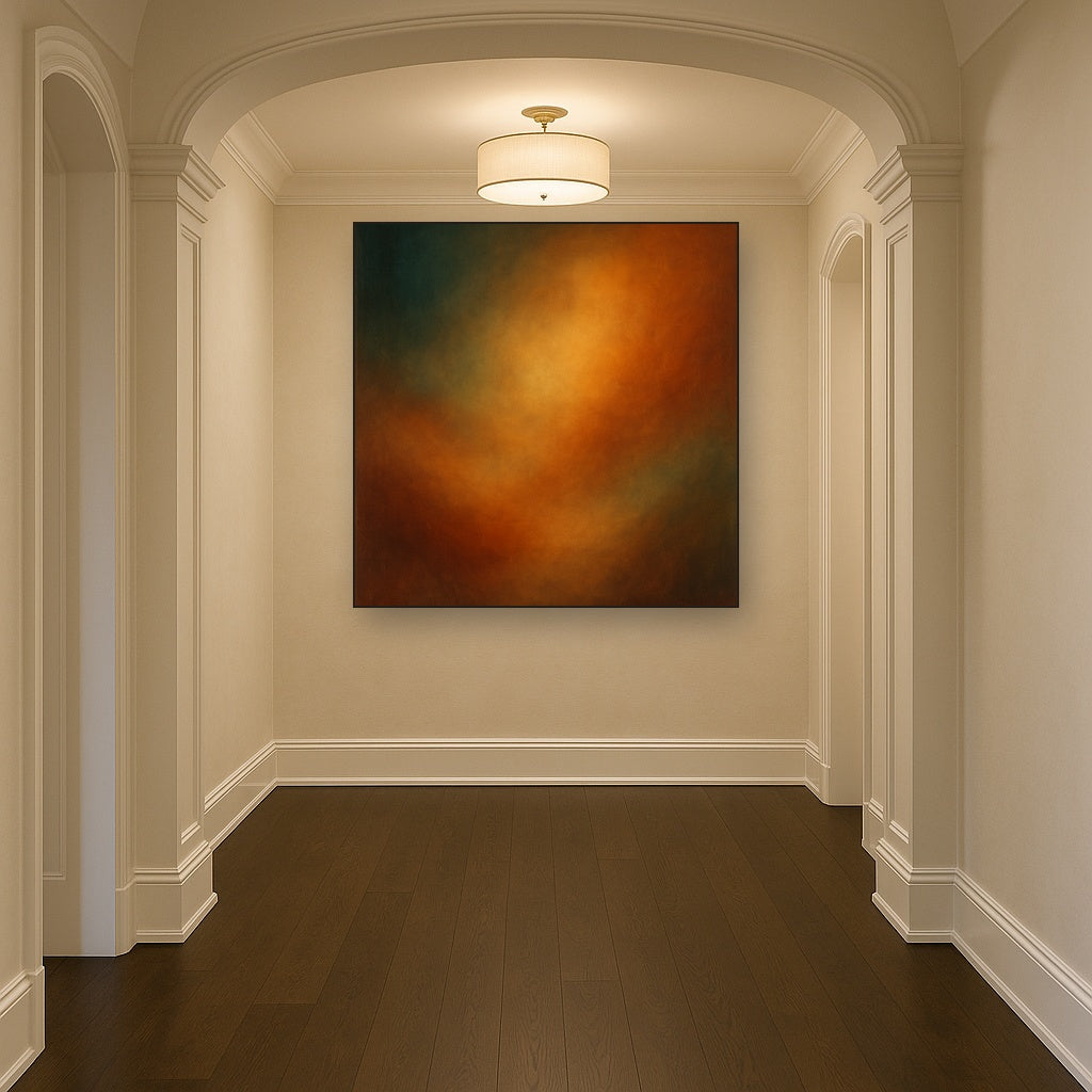 Deep Topaz & Spiced Terracotta Glow No. 16 Oil Painting Staged in Bright Entryway and Hallway Gallery Wall, Hand Painted Fine Art on Linen