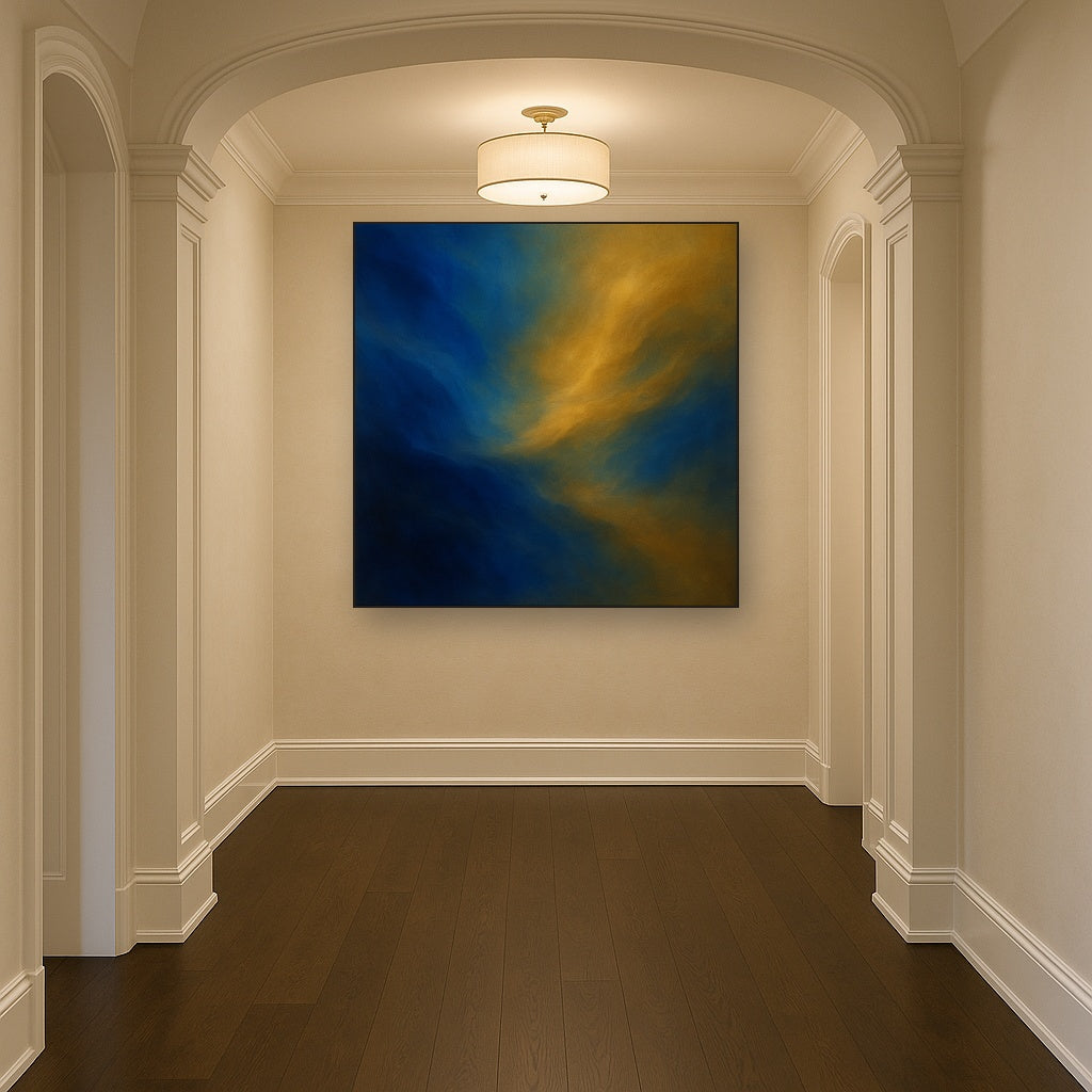Lapis Lazuli & Golden Ochre Luminous Field No. 4 Oil Painting Staged in Bright Entryway and Hallway Gallery Wall, Hand Painted Fine Art on Linen