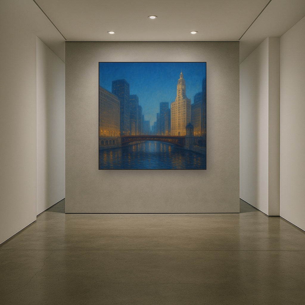 Chicago Riverfront Architecture at Blue Hour No. 8 Oil Painting - View 5