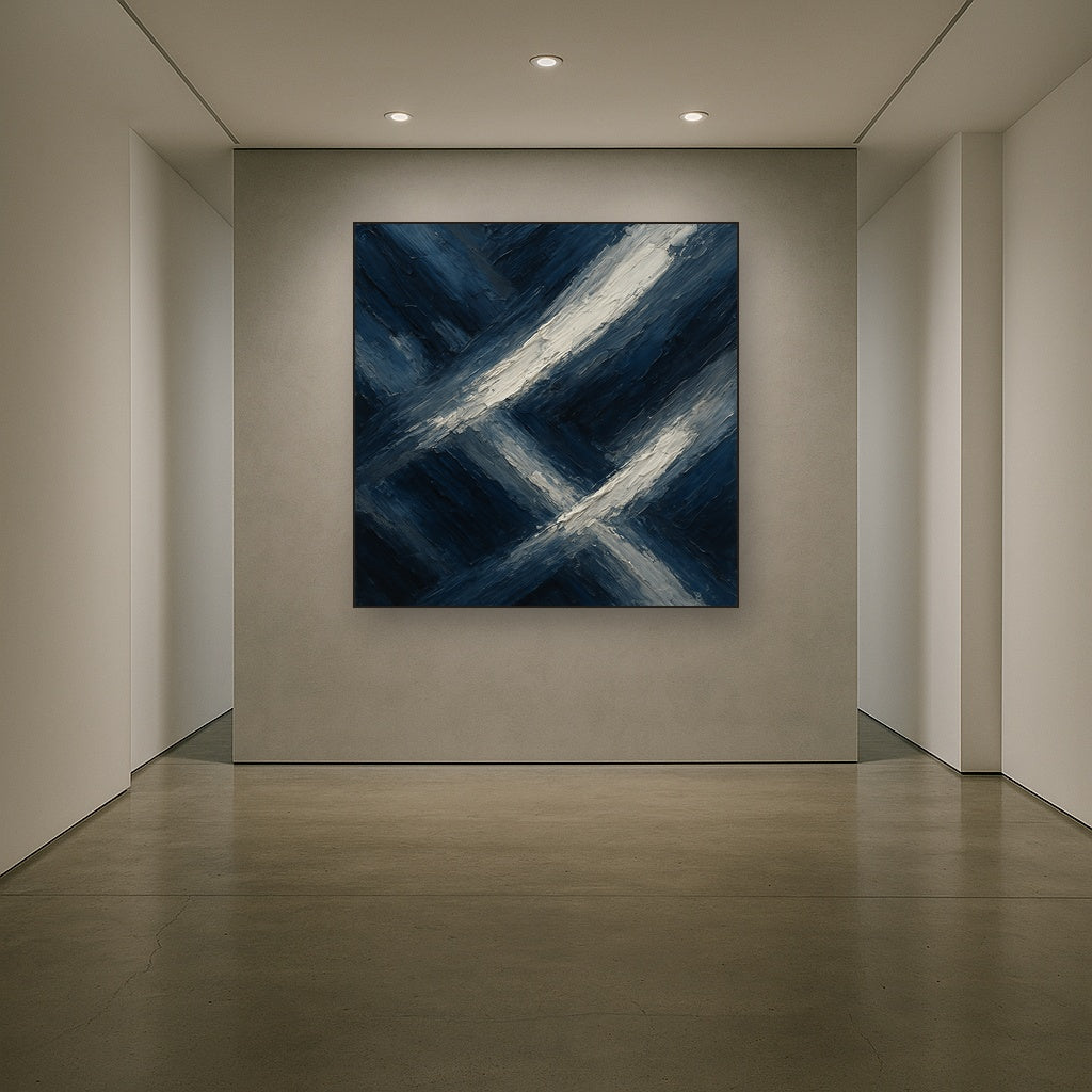 Prussian Indigo Sweep Modern Abstract Oil Painting - Styled in Entryway Hallway
