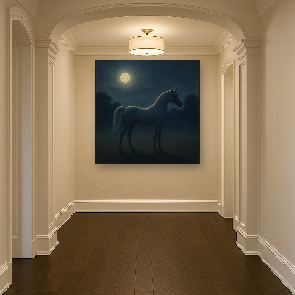 Moonlit Paddock with White Arabian Silhouette No. 17 Oil Painting - View 5