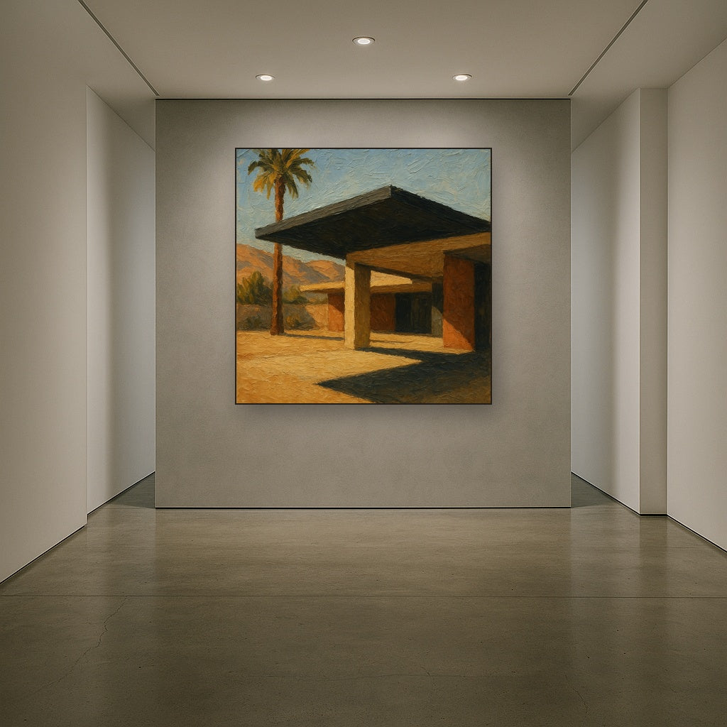Palm Springs Modernist Pavilion Shadow No. 8 Oil Painting - Styled in Entryway Hallway