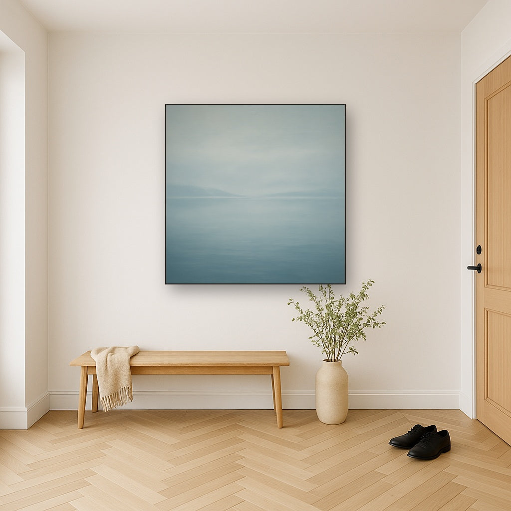 Glass Horizon over Quiet Arctic Waters No. 13 Oil Painting Staged in Bright Entryway and Hallway Gallery Wall, Hand Painted Fine Art on Linen