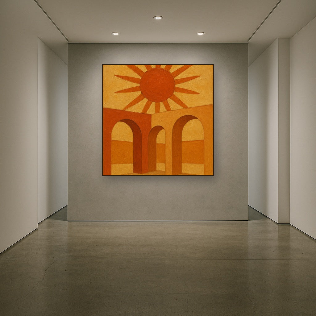 Mid-Century Terracotta Sun & Arches Oil Painting - Styled in Entryway Hallway