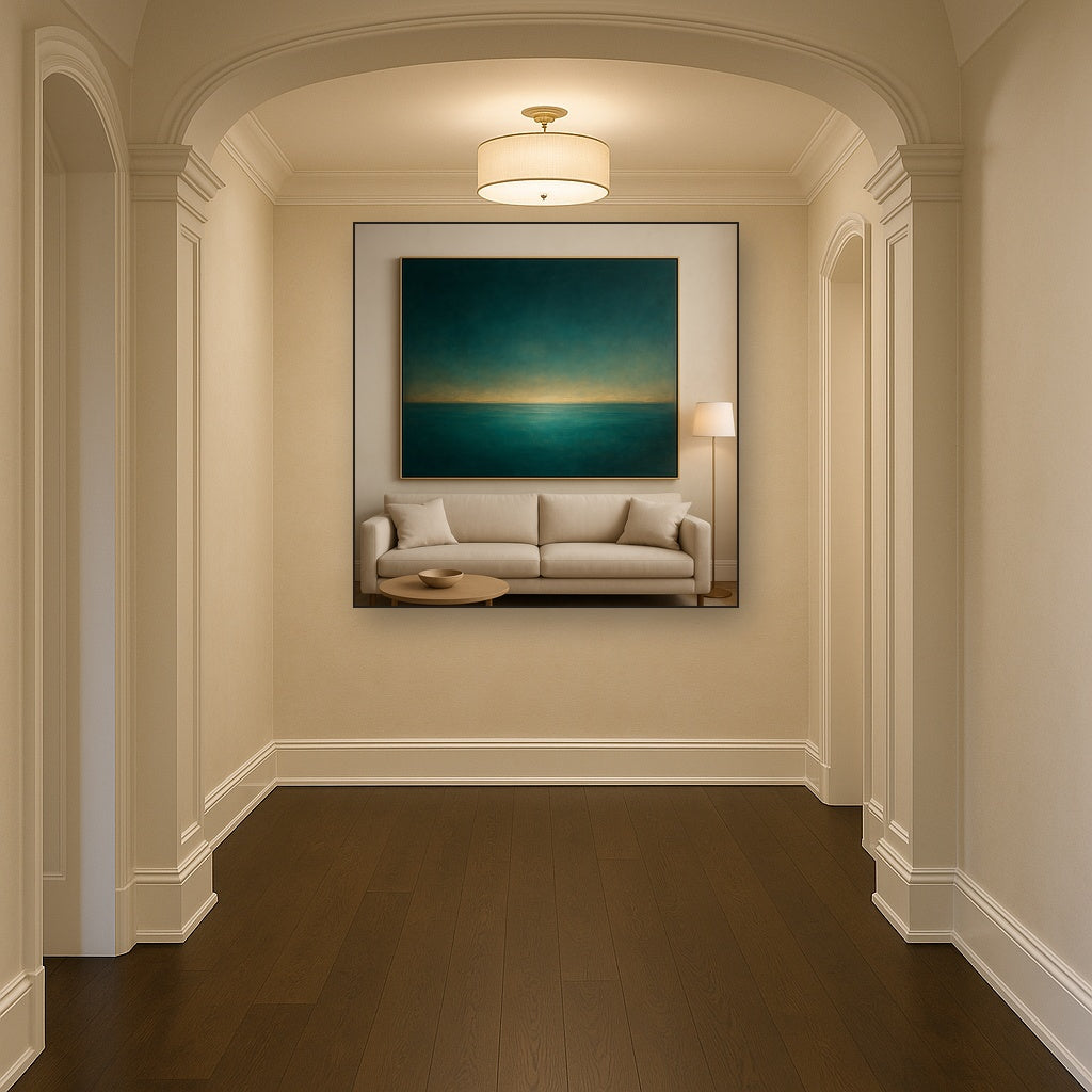 Peacock Teal & Champagne Gold Horizon No. 9 Oil Painting - View 5