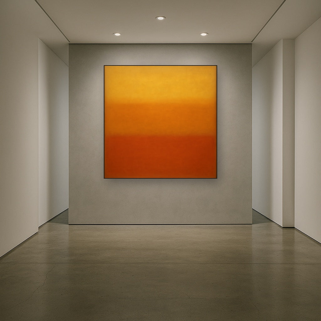 Luminous Ochre & Terracotta Horizon Color Field No. 8 Oil Painting Staged in Bright Entryway and Hallway Gallery Wall, Hand Painted Fine Art on Linen
