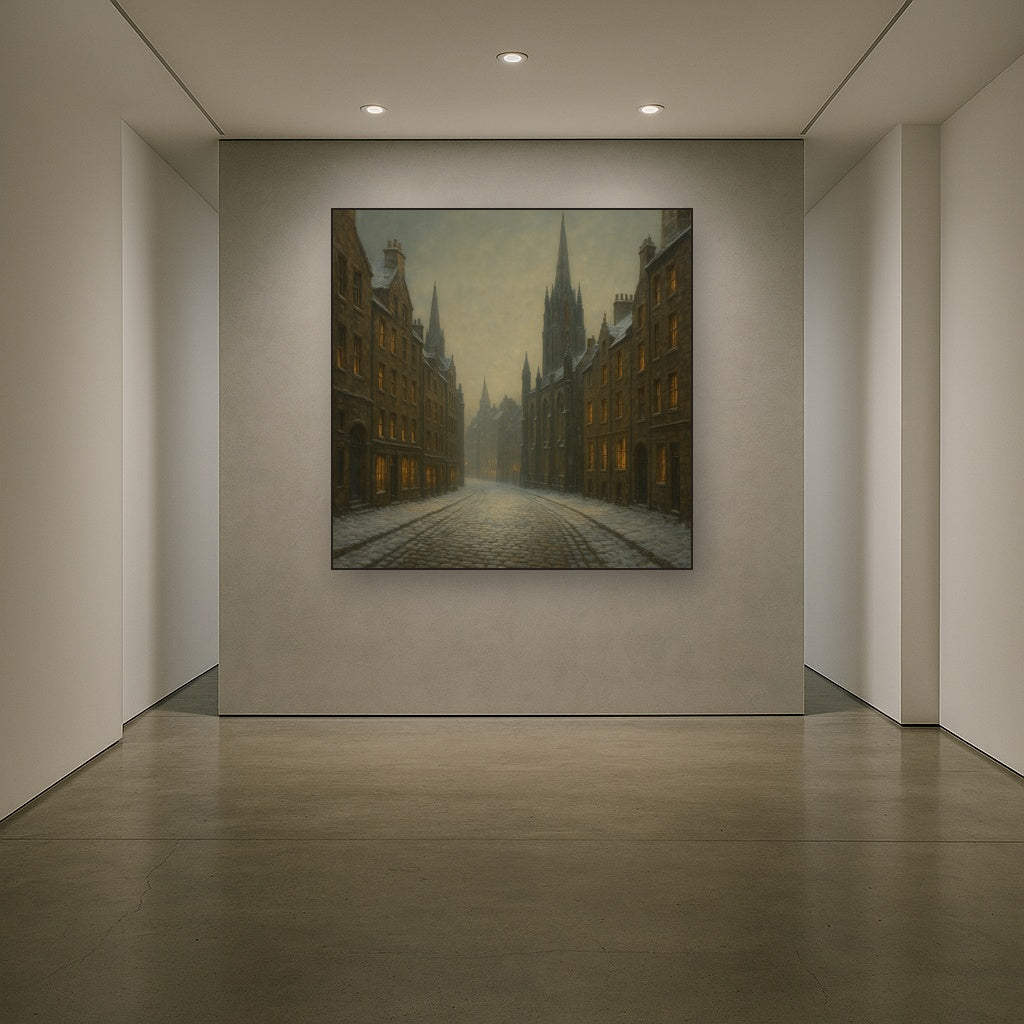 Edinburgh Old Town Royal Mile in Snow No. 14 Oil Painting Staged in Bright Entryway and Hallway Gallery Wall, Hand Painted Fine Art on Linen