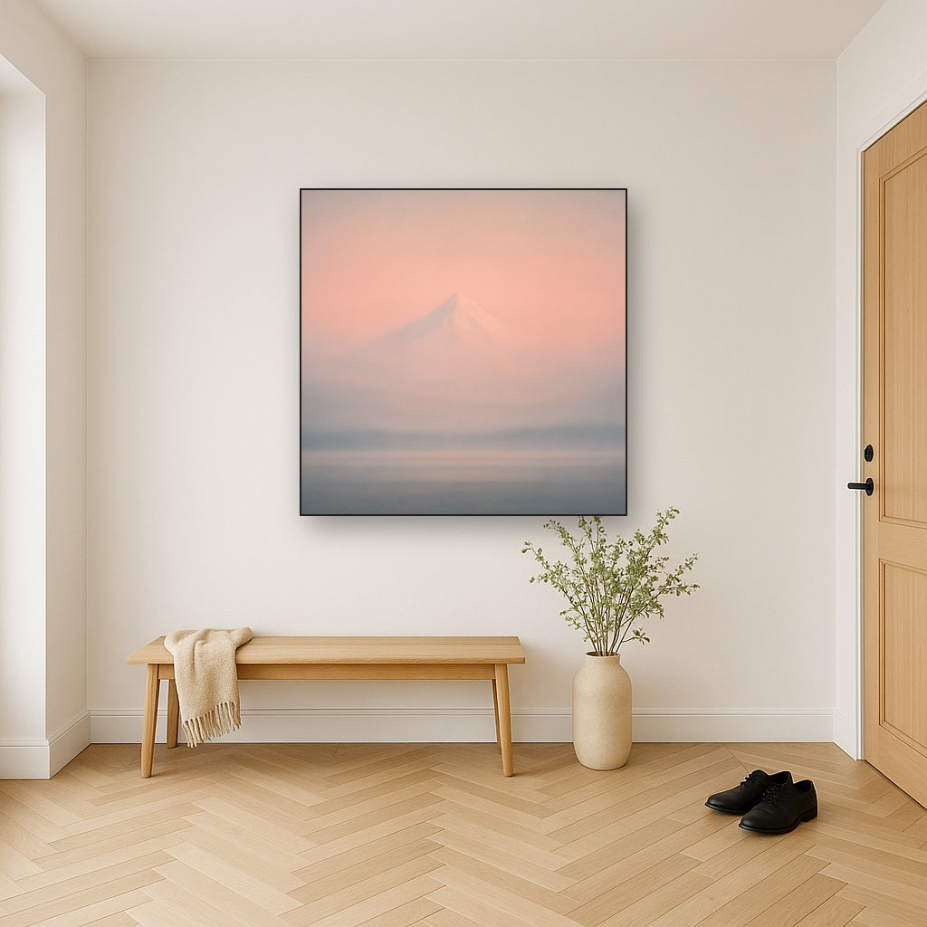 Pale Alpenglow over Distant Glacial Peak No. 13 Oil Painting Staged in Bright Entryway and Hallway Gallery Wall, Hand Painted Fine Art on Linen
