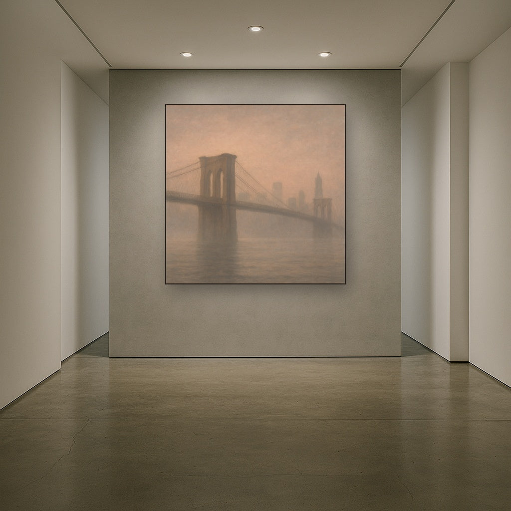 Brooklyn Bridge in Morning River Mist No. 24 Oil Painting Staged in Bright Entryway and Hallway Gallery Wall, Hand Painted Fine Art on Linen