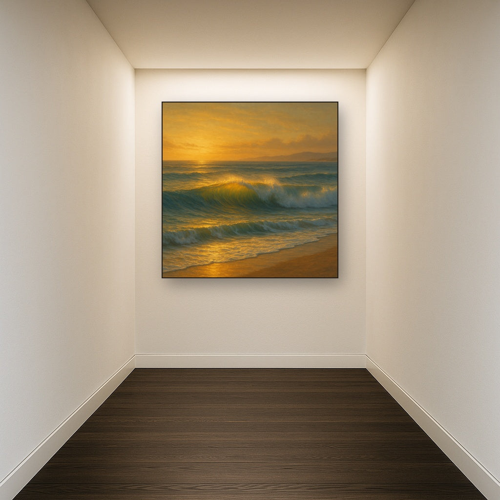 Golden Hour Sunlight on Ocean Swells No. 12 Oil Painting Staged in Bright Entryway and Hallway Gallery Wall, Hand Painted Fine Art on Linen
