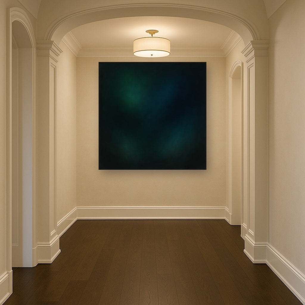 Emerald & Midnight Sapphire Sfumato Immersion No. 2 Oil Painting Staged in Bright Entryway and Hallway Gallery Wall, Hand Painted Fine Art on Linen