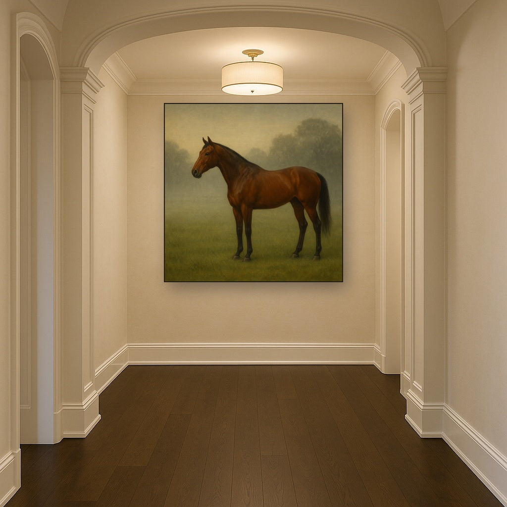 Thoroughbred in Morning Pasture Mist Oil Painting Staged in Bright Entryway and Hallway Gallery Wall, Hand Painted Fine Art on Linen