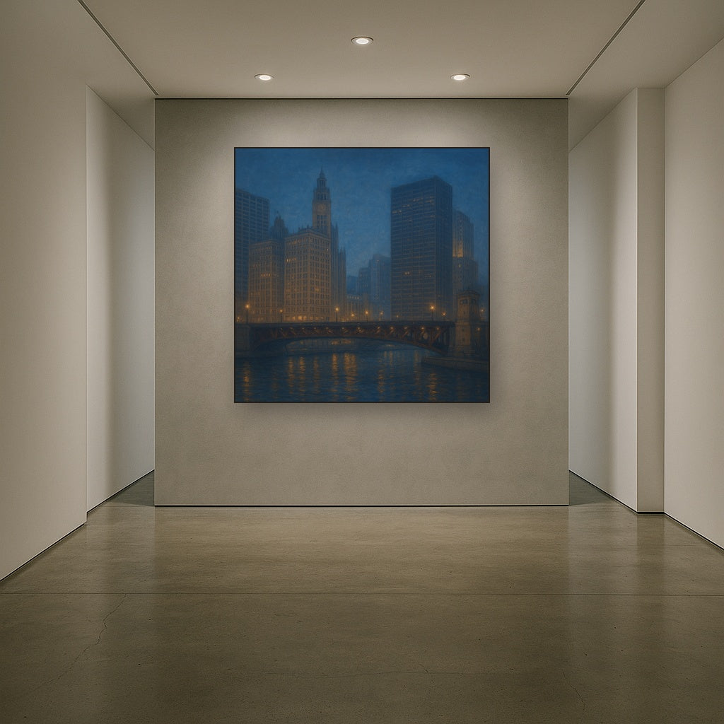 Chicago Riverfront Architecture at Blue Hour No. 18 Oil Painting - View 5