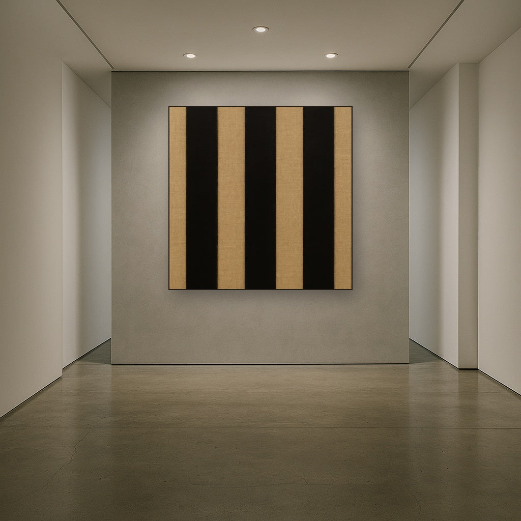 Minimalist Black Stripe & Raw Linen Rhythm No. 3 Fine Art Oil Painting - View 5