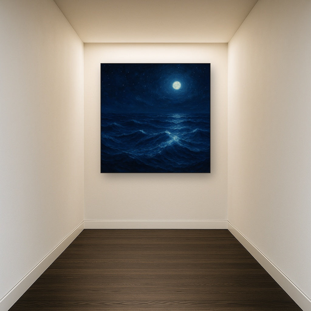 Deep Atlantic Midnight Seascape Oil Painting - Styled in Entryway Hallway