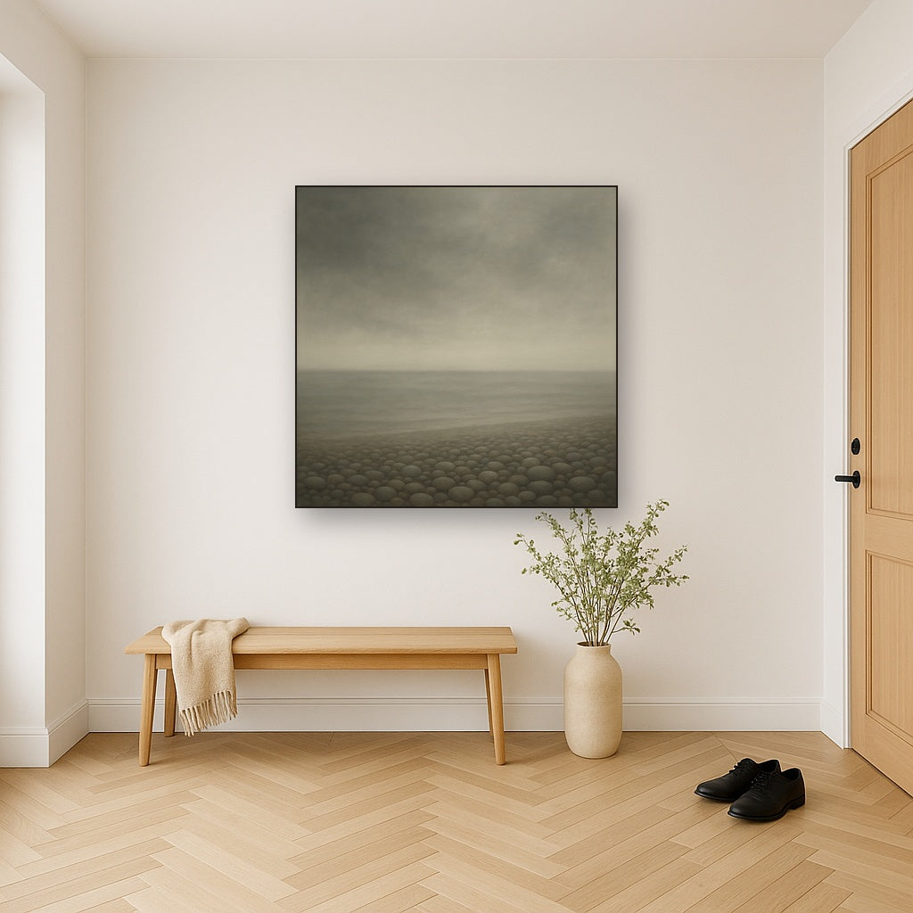 Overcast Coastal Fog & Wet Pebble Shingle No. 7 Oil Painting Staged in Bright Entryway and Hallway Gallery Wall, Hand Painted Fine Art on Linen
