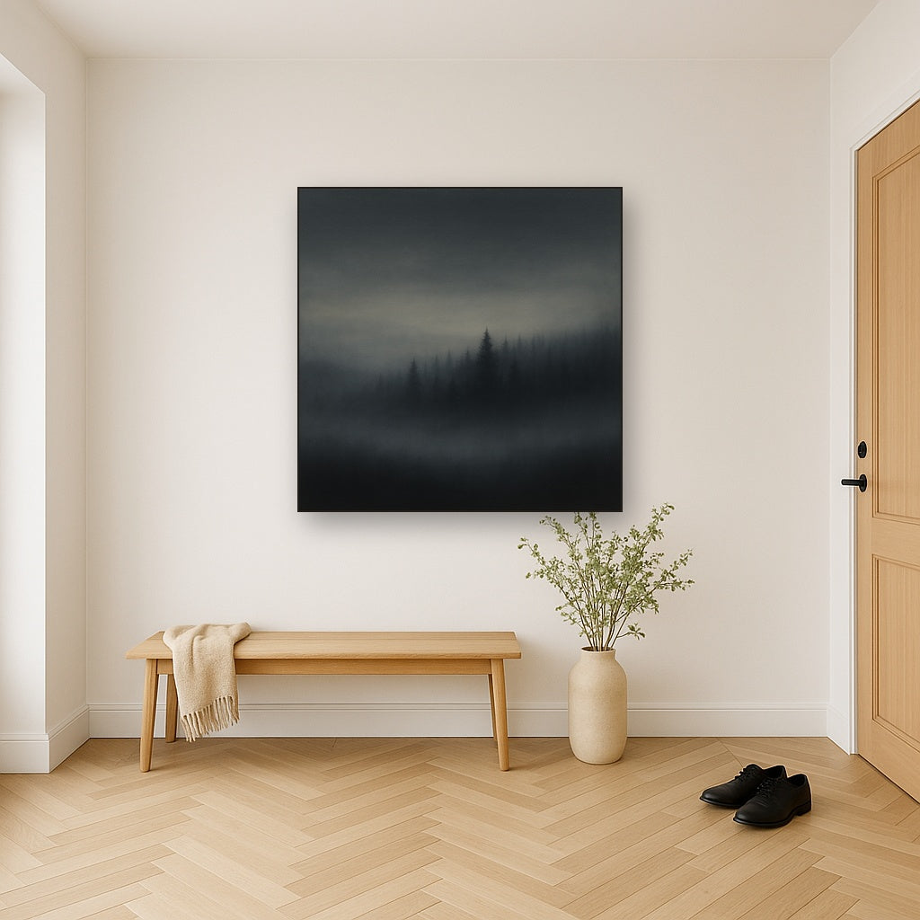 Dusk over Silent Pine Ridgeline in Charcoal Fog No. 17 Oil Painting Staged in Bright Entryway and Hallway Gallery Wall, Hand Painted Fine Art on Linen