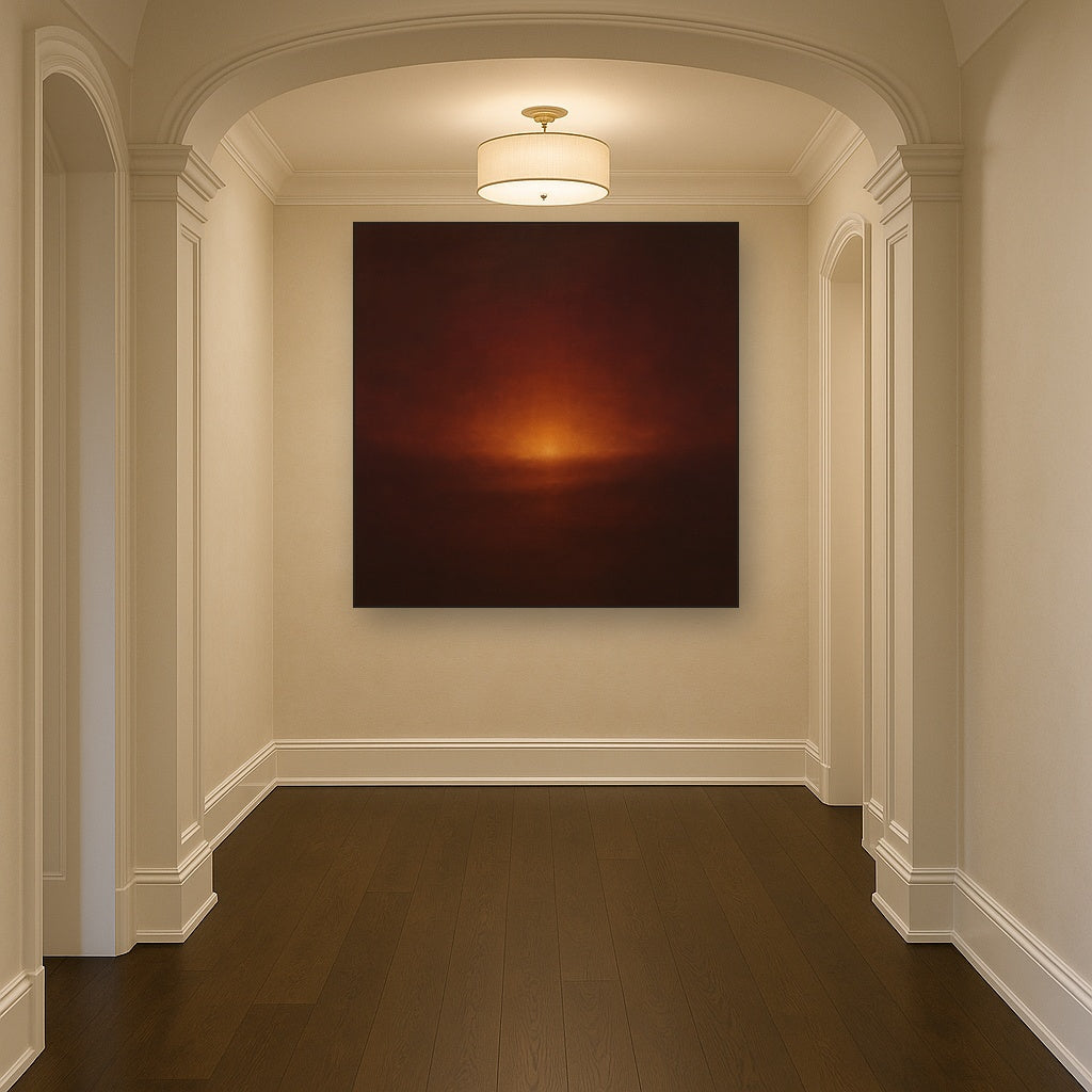 Deep Garnet & Amber Candlelight Horizon No. 20 Oil Painting Staged in Bright Entryway and Hallway Gallery Wall, Hand Painted Fine Art on Linen