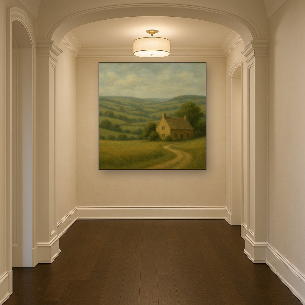 Rolling Cotswold Hills & Stone Cottage Oil Painting - View 5