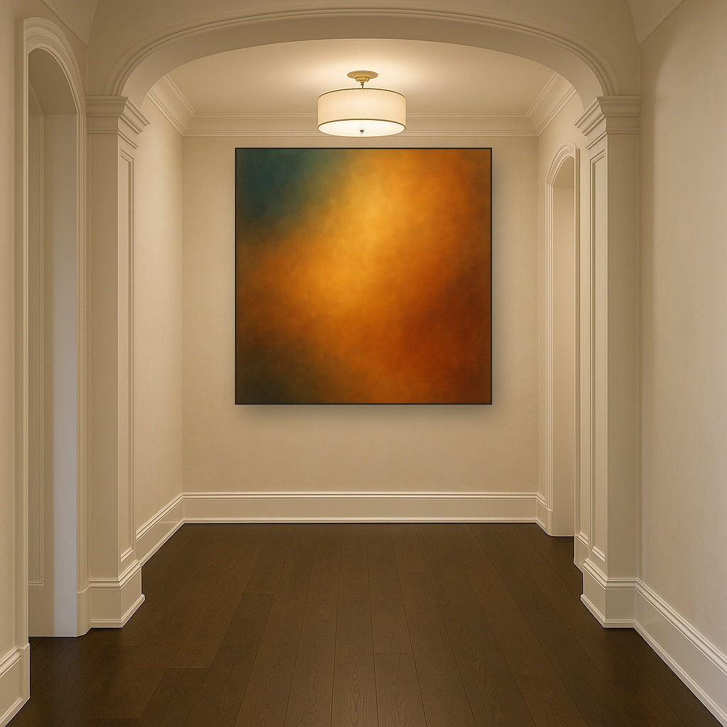 Deep Topaz & Spiced Terracotta Glow No. 8 Oil Painting Staged in Bright Entryway and Hallway Gallery Wall, Hand Painted Fine Art on Linen