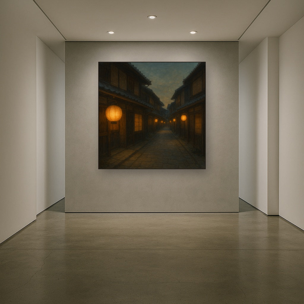 Old Kyoto Gion Alley in Soft Lantern Light No. 27 Oil Painting Staged in Bright Entryway and Hallway Gallery Wall, Hand Painted Fine Art on Linen
