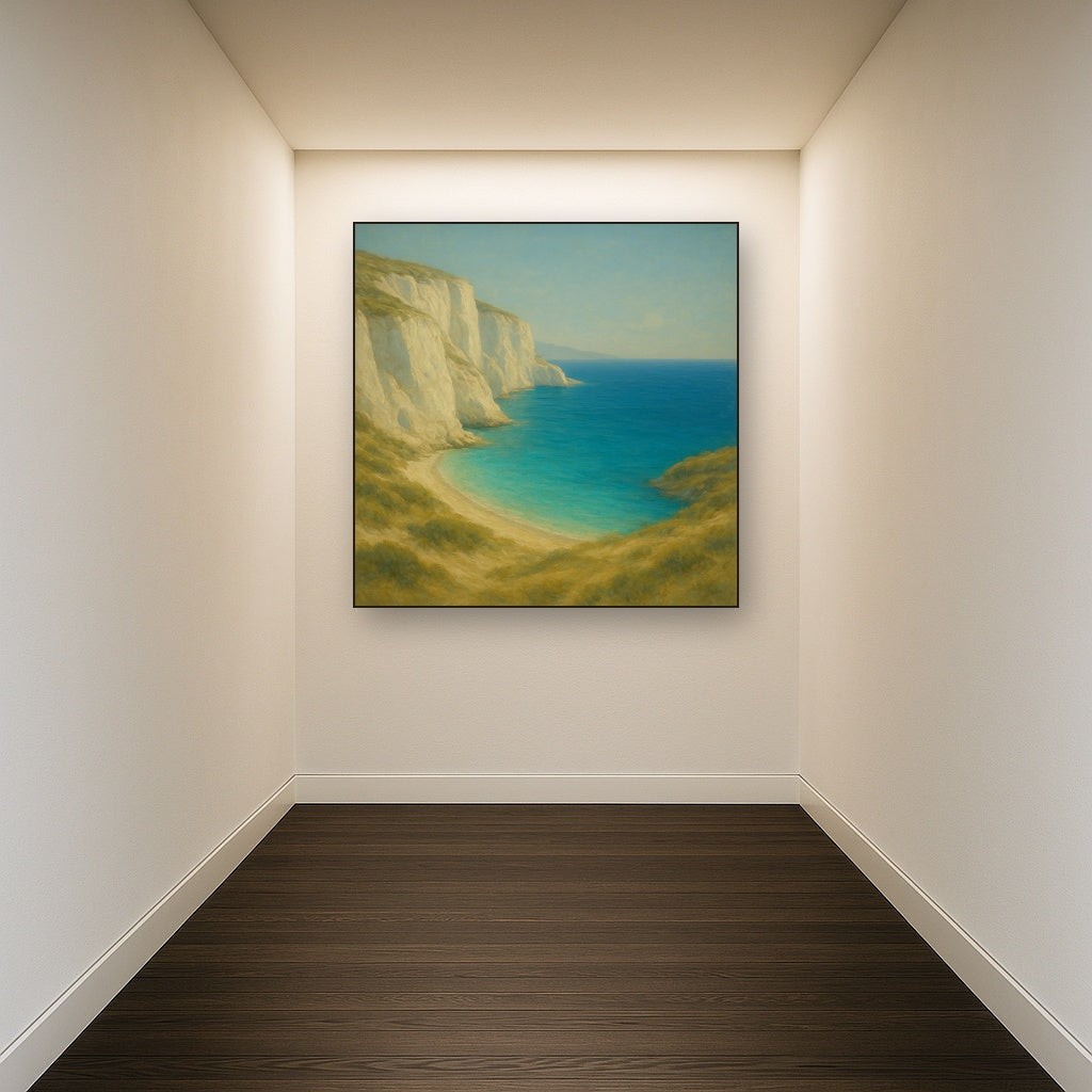 Mediterranean White Cliffs & Turquoise Cove No. 9 Oil Painting Staged in Bright Entryway and Hallway Gallery Wall, Hand Painted Fine Art on Linen