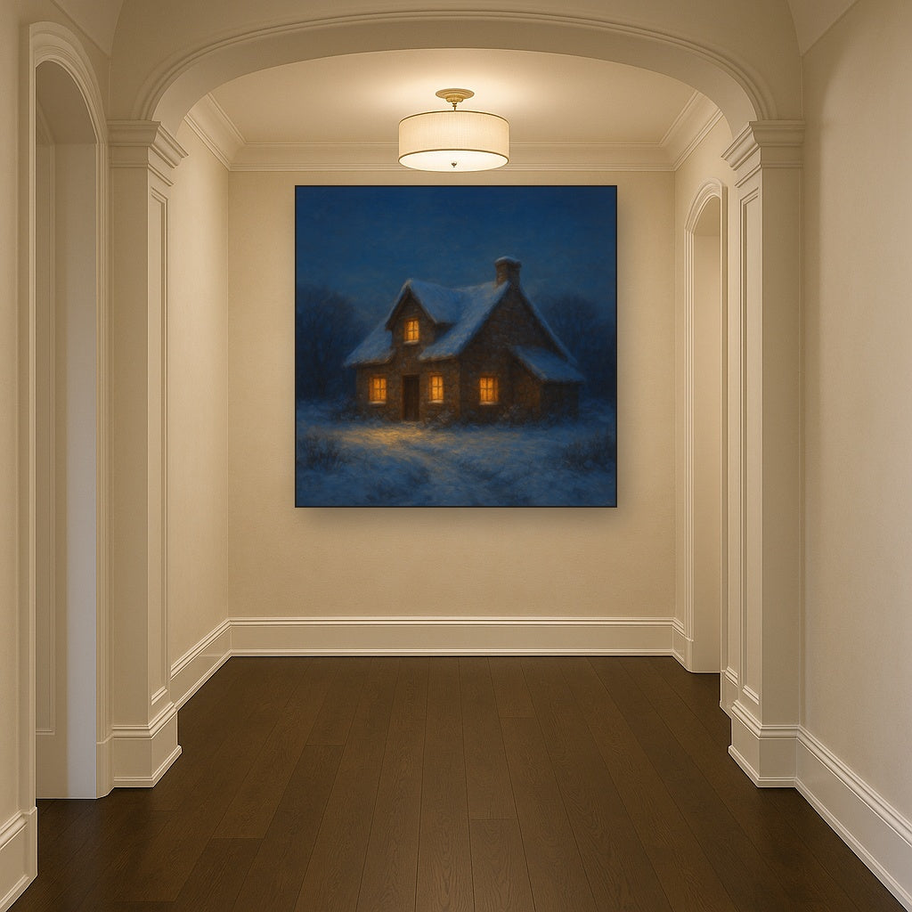 Snow-Dusted Stone Cottage at Twilight No. 7 Oil Painting - View 5