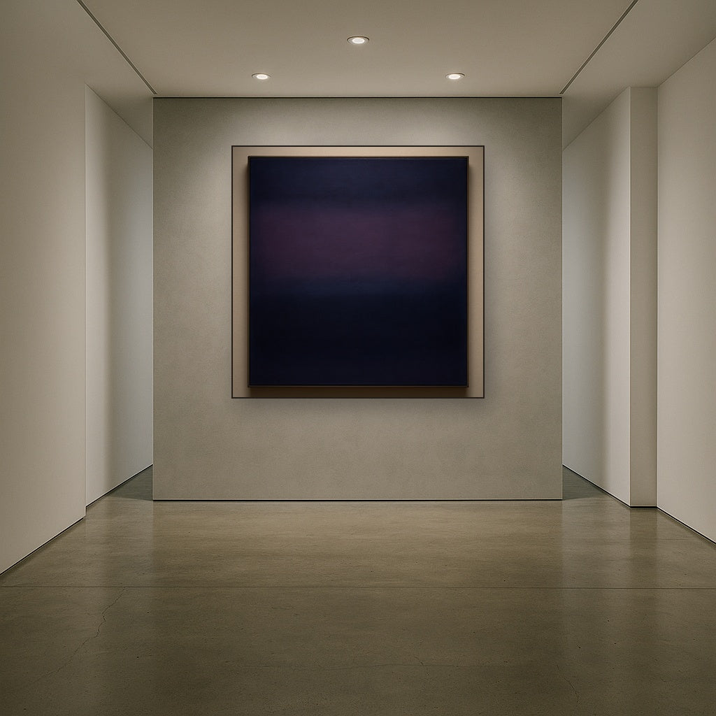 Deep Indigo & Midnight Plum Ambient Field No. 16 Oil Painting Staged in Bright Entryway and Hallway Gallery Wall, Hand Painted Fine Art on Linen
