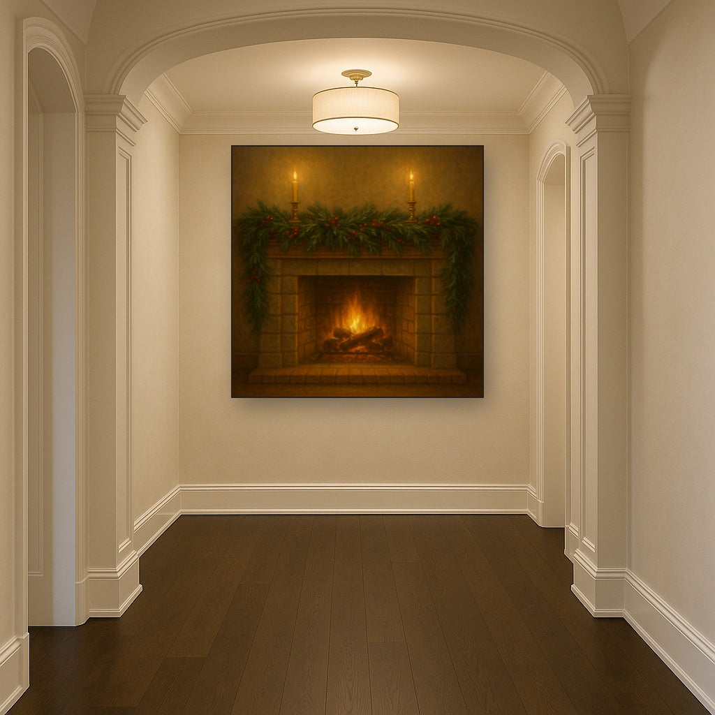 Vintage Fireside Hearth & Cedar Garlands No. 6 Oil Painting - View 5