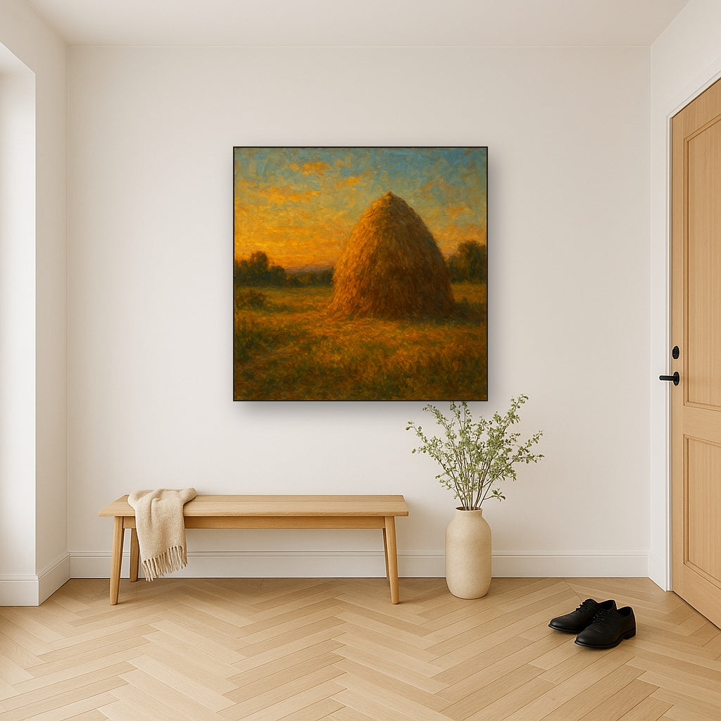 Rustic Countryside Haystack at Sunset No. 4 Oil Painting - Styled in Entryway Hallway