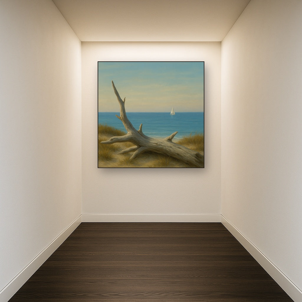 Sun-Bleached Driftwood & Distant Sailboat No. 3 Oil Painting Staged in Bright Entryway and Hallway Gallery Wall, Hand Painted Fine Art on Linen
