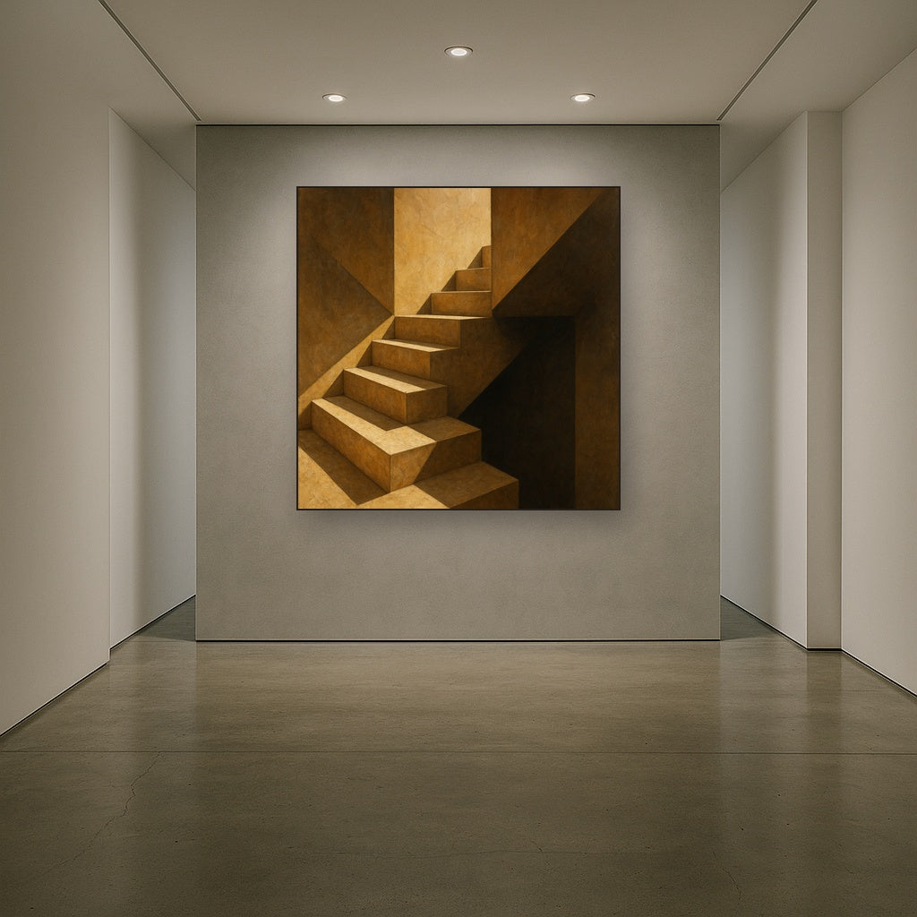Travertine Staircase Shadow Architectural Oil Painting - Styled in Entryway Hallway