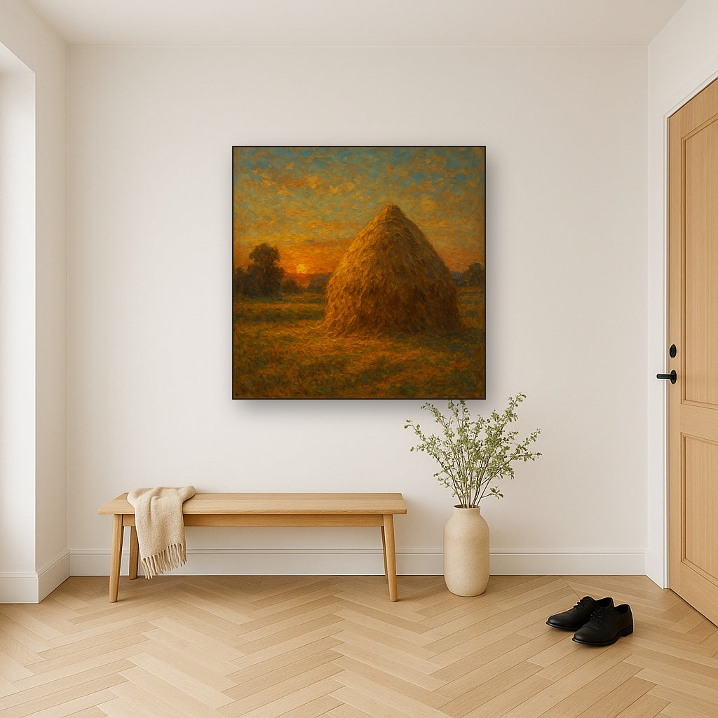Rustic Countryside Haystack at Sunset No. 3 Oil Painting - Styled in Entryway Hallway