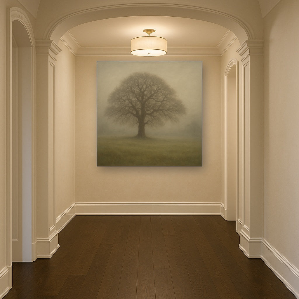 Ancient Solitary Oak in Morning Fog No. 7 Oil Painting - View 5