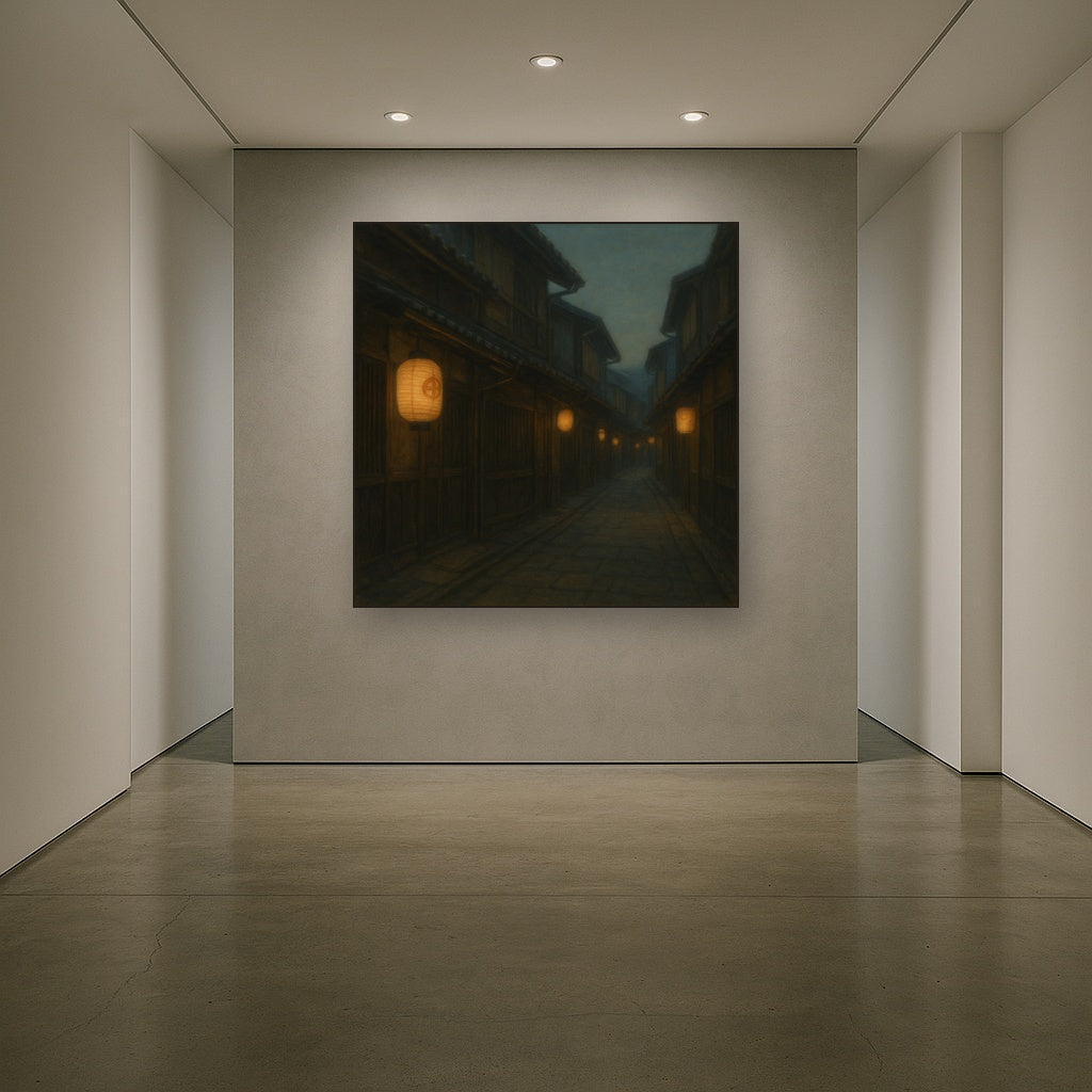 Old Kyoto Gion Alley in Soft Lantern Light No. 24 Oil Painting Staged in Bright Entryway and Hallway Gallery Wall, Hand Painted Fine Art on Linen