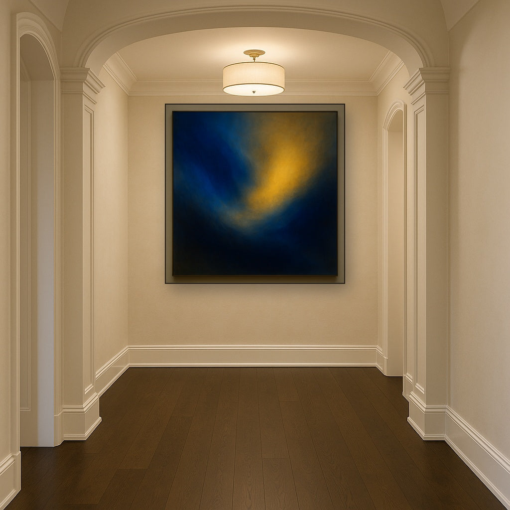 Lapis Lazuli & Golden Ochre Luminous Field No. 19 Oil Painting Staged in Bright Entryway and Hallway Gallery Wall, Hand Painted Fine Art on Linen