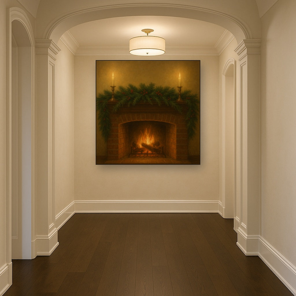 Vintage Fireside Hearth & Cedar Garlands No. 7 Oil Painting - View 5