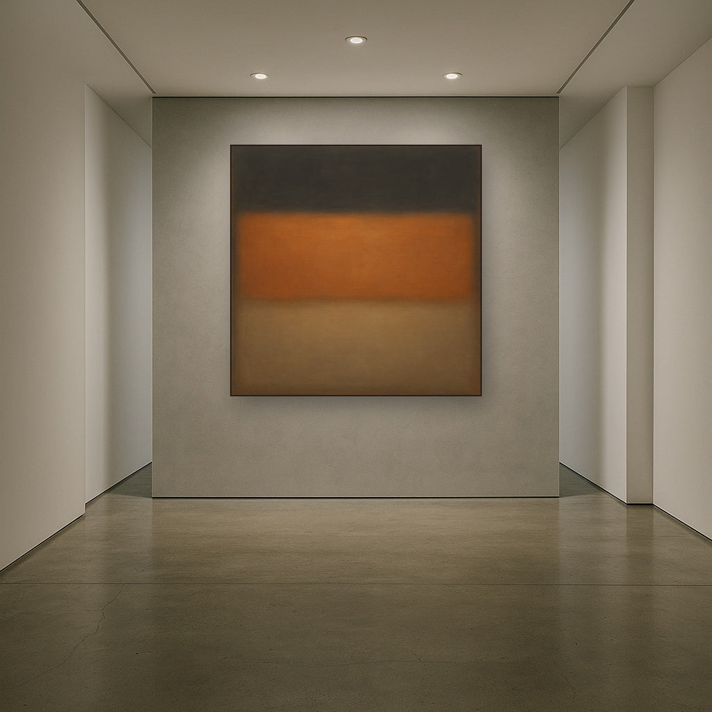Charcoal Slate & Burnished Copper Horizon No. 27 Oil Painting Staged in Bright Entryway and Hallway Gallery Wall, Hand Painted Fine Art on Linen