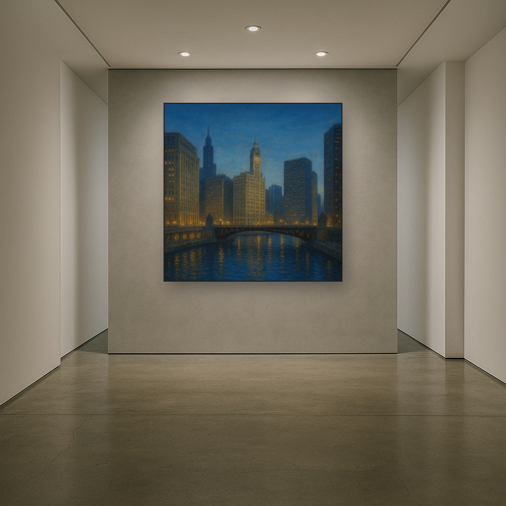 Chicago Riverfront Architecture at Blue Hour No. 25 Oil Painting - View 5