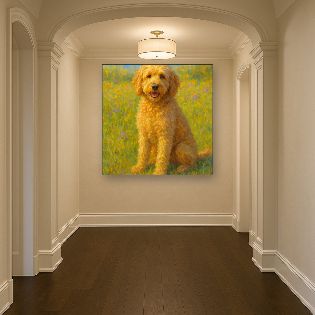 Fluffy Goldendoodle in Sun-Drenched Meadow No. 15 Fine Art Oil Painting - View 5