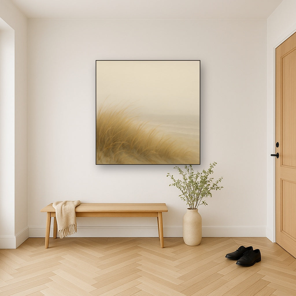 Silent Dune Grass in November Sea Fog No. 9 Oil Painting Staged in Bright Entryway and Hallway Gallery Wall, Hand Painted Fine Art on Linen
