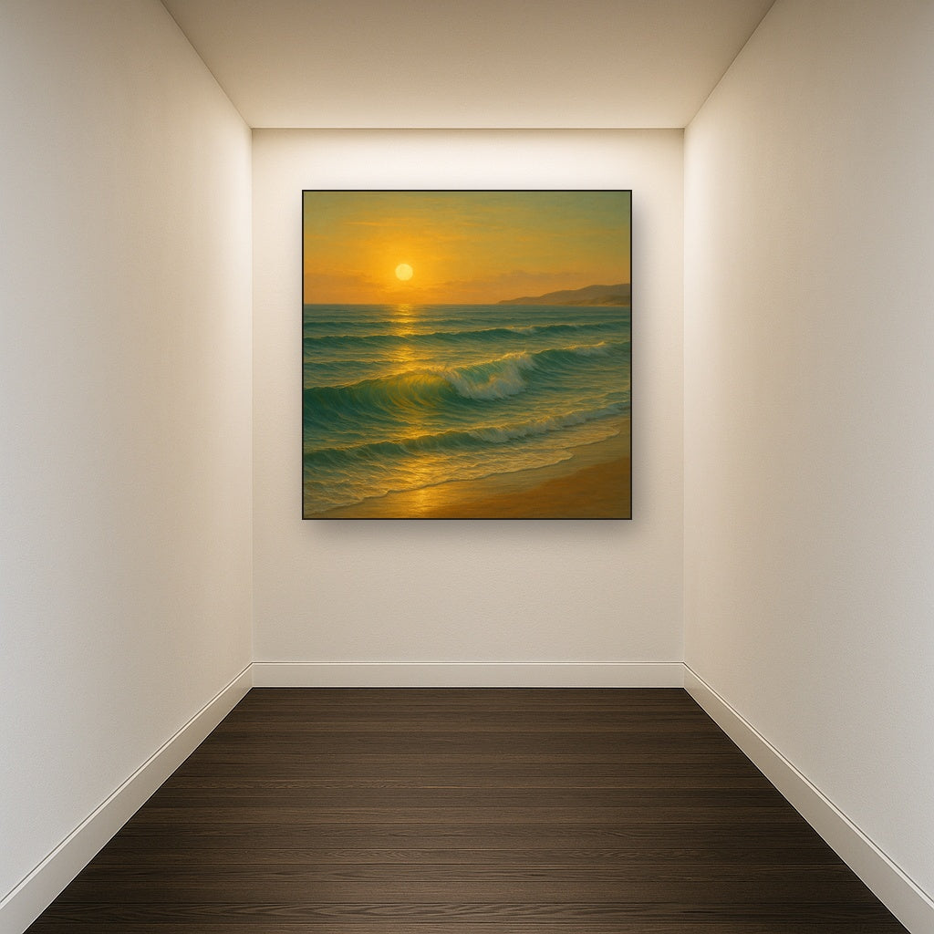 Golden Hour Sunlight on Ocean Swells No. 10 Oil Painting Staged in Bright Entryway and Hallway Gallery Wall, Hand Painted Fine Art on Linen