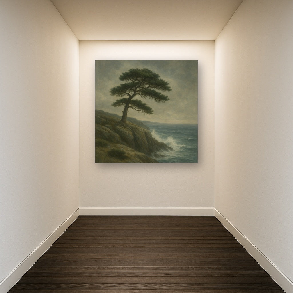 Wild Coastal Pine on Stormy Granite Cliff No. 10 Oil Painting Staged in Bright Entryway and Hallway Gallery Wall, Hand Painted Fine Art on Linen