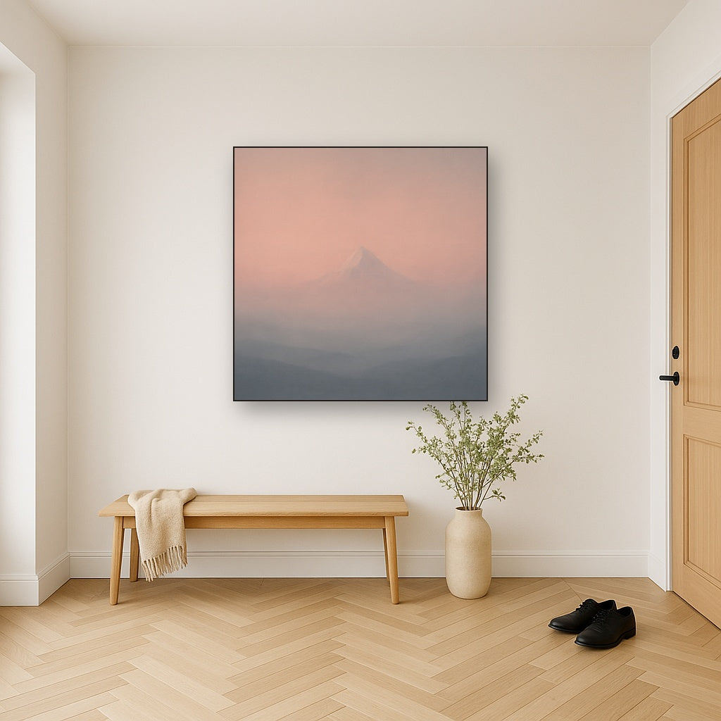 Pale Alpenglow over Distant Glacial Peak No. 14 Oil Painting Staged in Bright Entryway and Hallway Gallery Wall, Hand Painted Fine Art on Linen