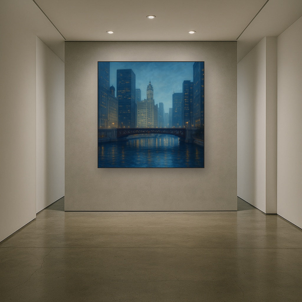 Chicago Riverfront Architecture at Blue Hour No. 4 Oil Painting - View 5