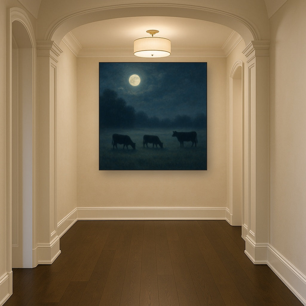 Moonlit Pastoral Meadow & Cattle Silhouettes Oil Painting - View 5