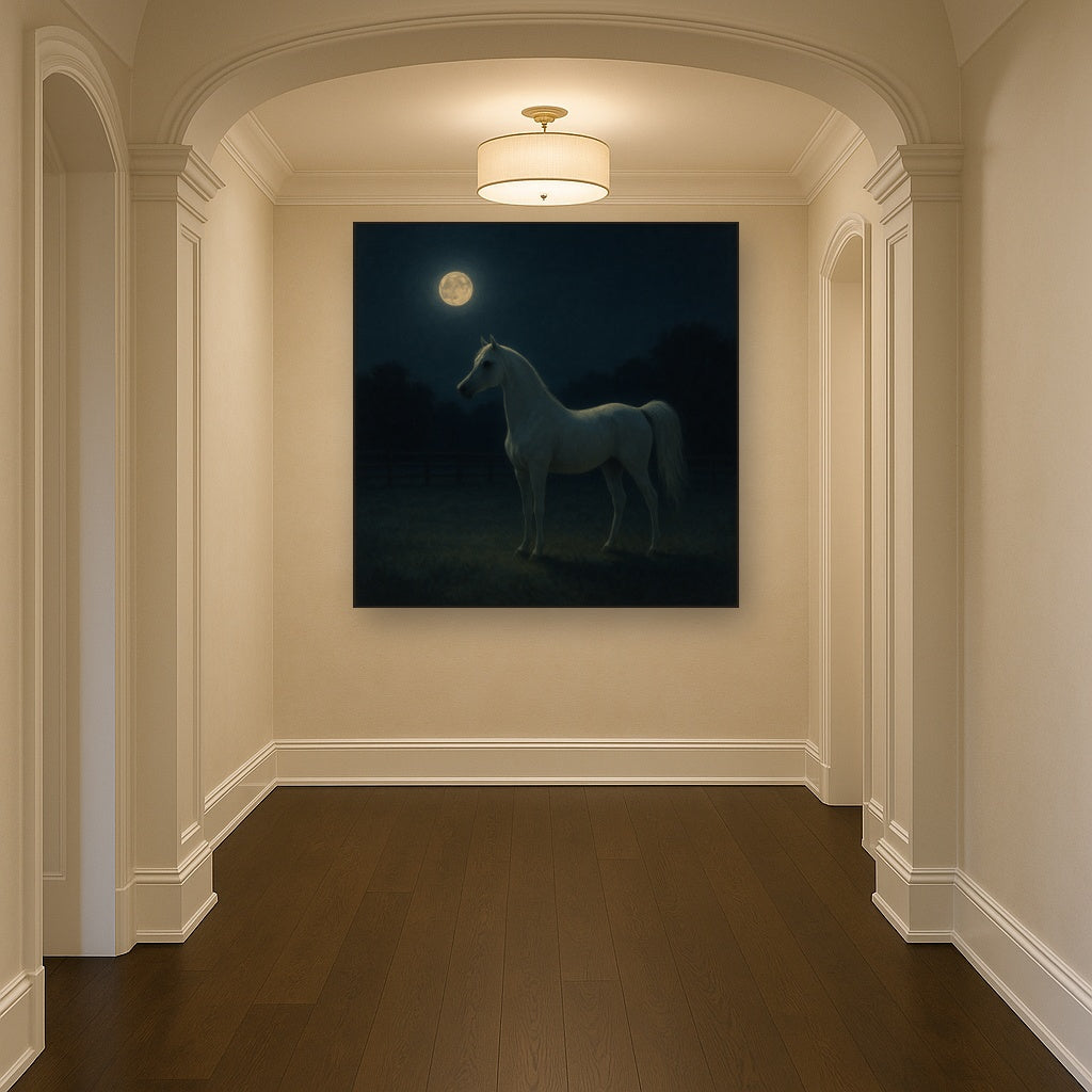 Moonlit Paddock with White Arabian Silhouette No. 13 Oil Painting Staged in Bright Entryway and Hallway Gallery Wall, Hand Painted Fine Art on Linen