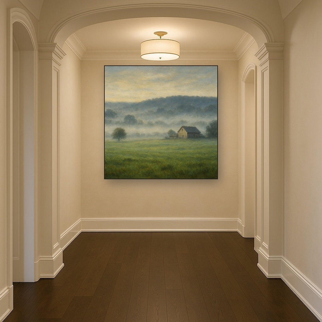 Misty Morning Pasture with Distant Wooded Ridge No. 5 Fine Art Oil Painting - View 5